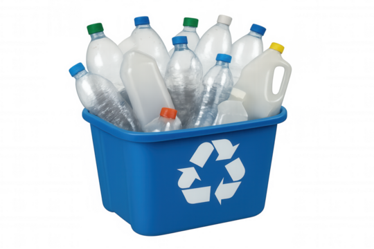 Blue recycling bin gathering plastic bottles, highlighting eco-friendly practices and sustainable waste disposal efforts