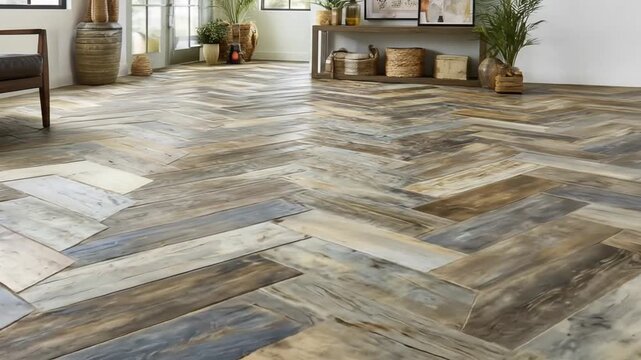 A beautiful herringbone wood-look floor design showcases a variety of wood tones and textures in a stylish living space.