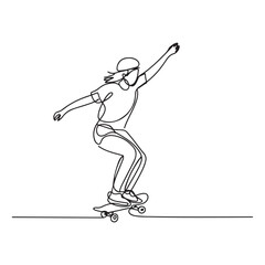 Obraz premium Single continuous line Art drawing young cool skateboarder woman riding skateboard and doing jump trick in skate park. with white background