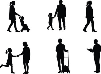 Silhouettes of people walking, mother with stroller, child with adult, woman walking alone, handshake, elderly woman with walker, man reading book, family, interaction, daily life.