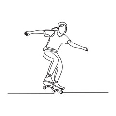 Obraz premium Single continuous line Art drawing young cool skateboarder woman riding skateboard and doing jump trick in skate park. with white background