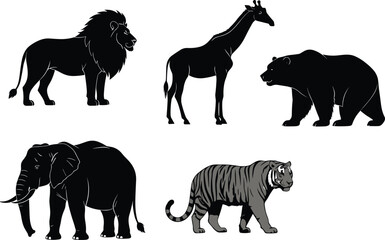 Wild animal silhouettes, lion, giraffe, bear, elephant, tiger, wildlife, nature, safari animals, exotic creatures, animal kingdom, majestic animals, predators, herbivores, African wildlife.