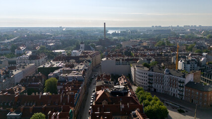 Aerial panorama of Poznan city skyline in morning light