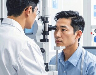 Vector Graphic of Ophthalmology Exam Device and Patient Silhouette Depicted with Simple High-Contrast Lines, Editable Labels for Clarity, Plus Icon Set on Separate Artboard Featuring Eye