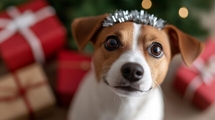 Festive Puppy: A curious brown and white dog adorned with a silver crown sits amidst red gifts, capturing the joy of the holiday season with its expressive eyes.