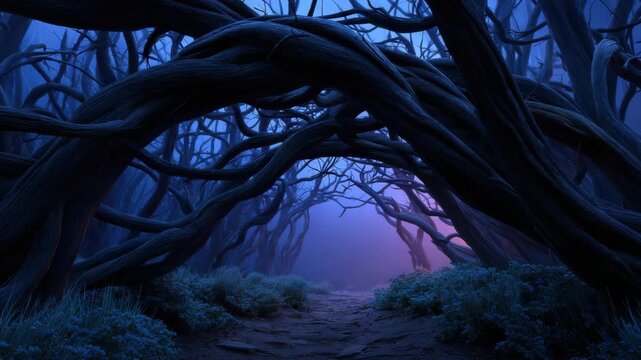 Dark twisted tree branches form mysterious tunnel over foggy forest path with blue and purple light creating eerie and enchanting atmosphere under deep twilight sky