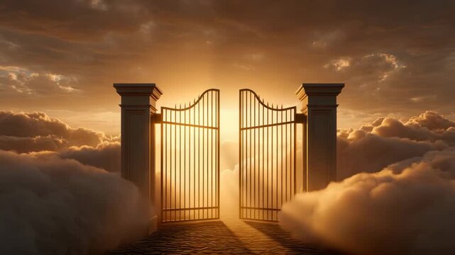 Heavenly gate with open iron door and golden sunlight shining through clouds, sky glowing warmly at entrance pillar, creating peaceful, mystical, and hopeful atmosphere at sunrise or sunset
