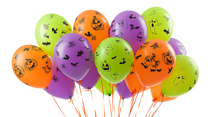 Bunch of colorful halloween balloons with pumpkin faces isolated on transparent background