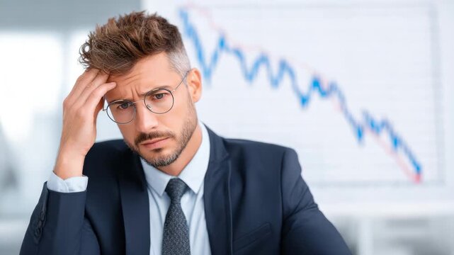 Businessman stressed financial crisis decline suit glasses office worried chart professional corporate downturn loss economy investment market graph data analysis executive adult caucasian stress - Powered by Adobe