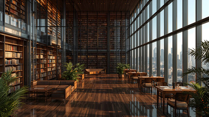 High ceiling library second floor design with polished wooden shelves full city view through tall vintage windows serene study interior design wallpaper background
