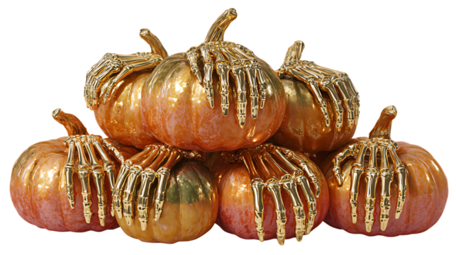 Decorative pumpkins with skeleton hands and glitter isolated on transparent background