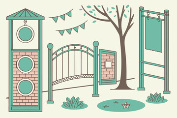 Teal and pink brick park elements with tree and bunting