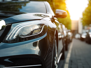 Fototapeta premium Modern luxury black sedan parked on city street during sunset