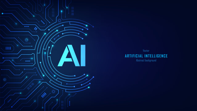 Concept of artificial intelligence. AI logo on a futuristic circuit motherboard background. Chatbot assistant. Modern innovation, engineering, machine learning, neural networks. Vector illustration.