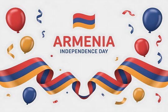 Vibrant Armenia Independence Day celebration with colorful balloons, confetti, and flowing national flag ribbons creating a festive patriotic atmosphere for national holidays and events.