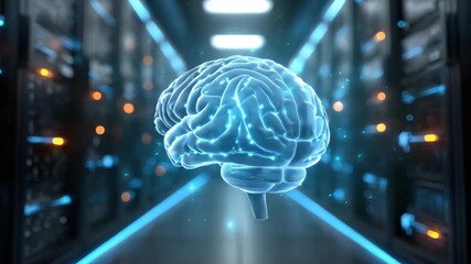 Digital brain hologram glowing with neural network connections futuristic data center corridor featuring server racks, symbolizing artificial intelligence, advanced technology innovation and digital - Powered by Adobe