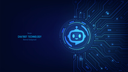 Concept of AI chatbot service. chatbot logo on futuristic circuit motherboard background. Artificial intelligence and intelligent assistant robot. Business and customer service. Vector illustration.