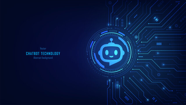 Concept of AI chatbot service. chatbot logo on futuristic circuit motherboard background. Artificial intelligence and intelligent assistant robot. Business and customer service. Vector illustration.