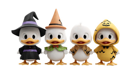 Obraz premium Four cute duck characters in halloween costumes isolated on transparent background
