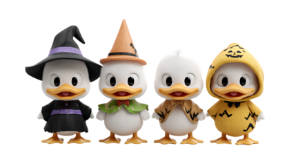 Four cute duck characters in halloween costumes isolated on transparent background