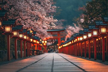 Cherry Blossoms Illuminated Path In Japan