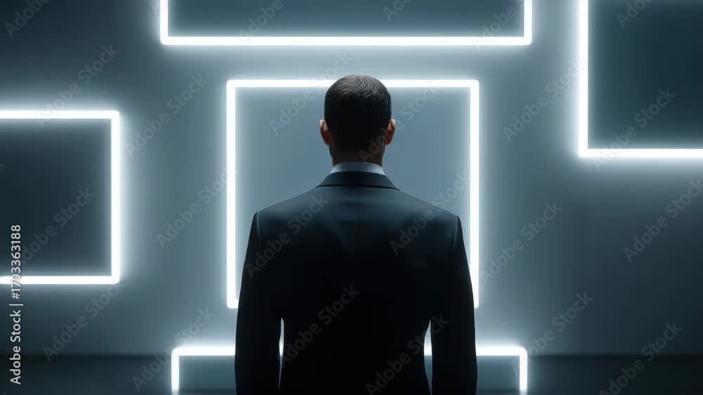 Wall mural man in black suit back view facing glowing geometric shape with neon square frames on dark backgroun