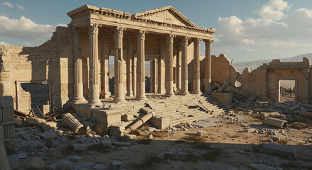 Ancient Greco-Roman ruins with intricate columns and debris