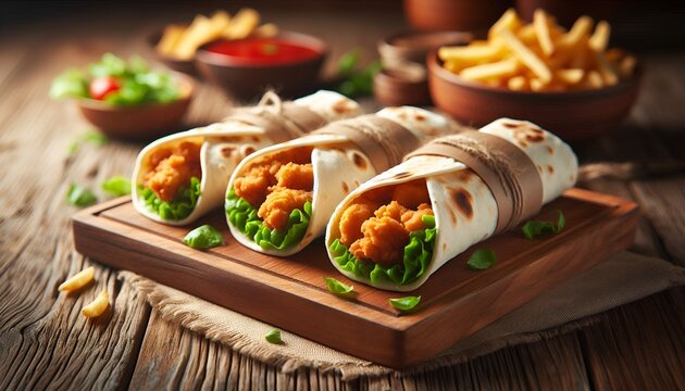 Crispy Chicken Wrap paratha roll served in wooden board side view of indian fastfood. 