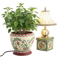 Elegant botanical fusion: A houseplant rests besides a vintage lamp, offering a serene visual narrative of home aesthetics