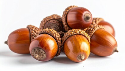 Pile of Brown Acorns on White Surface Close Up Food Ingredients and Autumn Theme