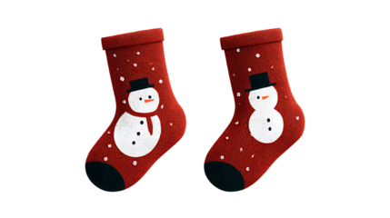 Two red christmas socks with snowman pattern, isolated on transparent background