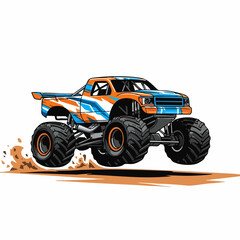 Monster Truck Jumping with Orange and Blue Design, Off-Road Adventure.