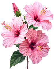 Delicate pink hibiscus blossoms with green leaves