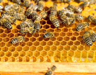 Close-up of honeybees on honeycomb cells