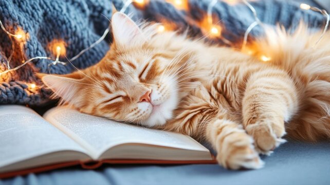 Fluffy cat peacefully resting on a cozy book amid warm autumn vibes and soft, glowing lights - Powered by Adobe