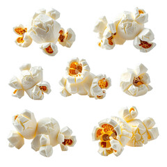 Close-up view of nine individual popcorn kernels, showcasing their texture and internal structure.  Each kernel is a pale yellow-white, with visible crevices and irregular shapes. 