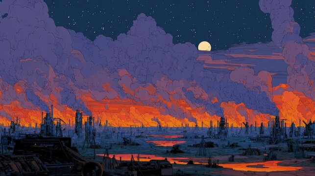 Pixelated Industrial Cityscape At Sunset