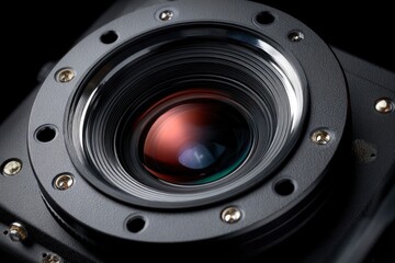 Closeup of a camera lens with a multilayered interior and visible screws