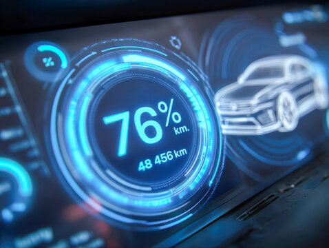 Futuristic digital dashboard displaying electric vehicle battery charge at seventy-six percent with detailed range and car graphic in neon blue interface