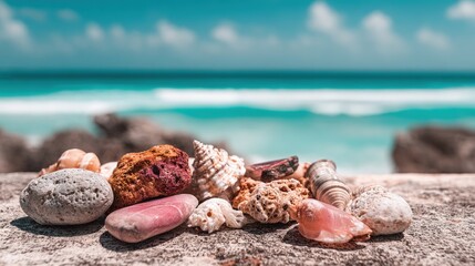 Colorful Seashells On Beach At Sunset
