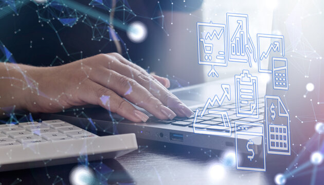 Digital finance analytics with woman using laptop - Powered by Adobe