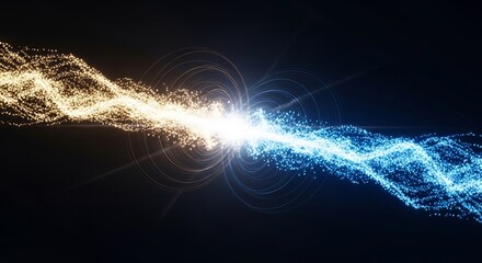 Fototapeta premium Dynamic abstract energy clash with golden and blue particles. Great for technology, science, digital transformation, futuristic concept, connection, or quantum computing designs.