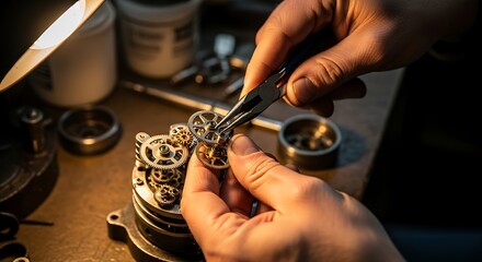 Watchmaker meticulously assembling intricate gears of a mechanical watch