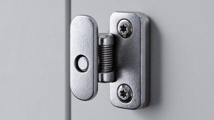 Close-up of a modern, brushed metal cabinet hinge on a white door.