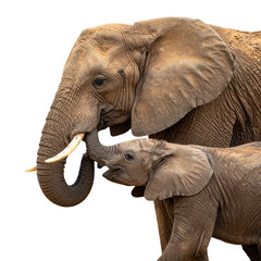 Obraz premium Close-Up of African Elephant and Calf, Tender Bond and Protective Pose, Transparent PNG