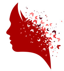 Silhouette of a woman with flowing hair transforming into flying butterflies, symbol of freedom, transformation and imagination, isolated on white background
