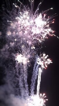 Static low-angle video of vibrant, multicolored fireworks exploding majestically against an inky black night sky, with brilliant starbursts and glittering trails, evoking a sense of optimistic