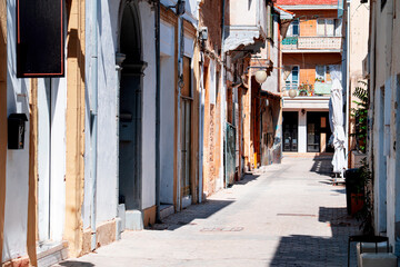 Colorful buildings in narrow street near Ledra Street in Nicosia, capital Cyprus. Cypriot...
