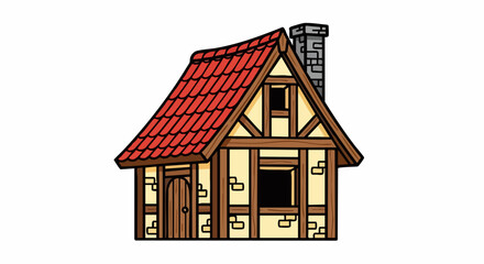 Fototapeta premium Charming Cartoon Cottage with Red Tile Roof and Stone Chimney.