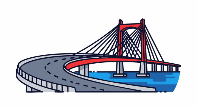 Modern red cable-stayed bridge over blue water with curved road.